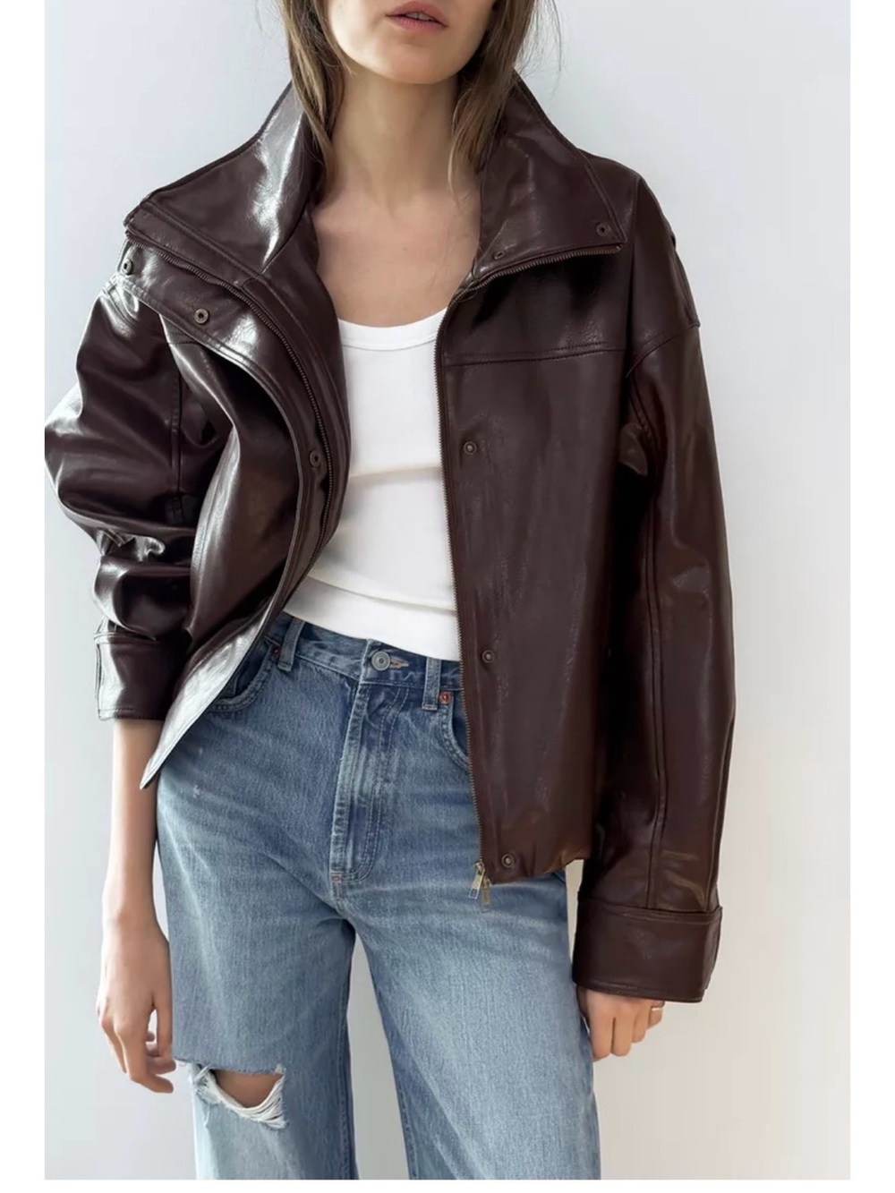 Zara Faux Leather Pleated Jacket - Dark Burgundy size medium NWT - Picture 2 of 7